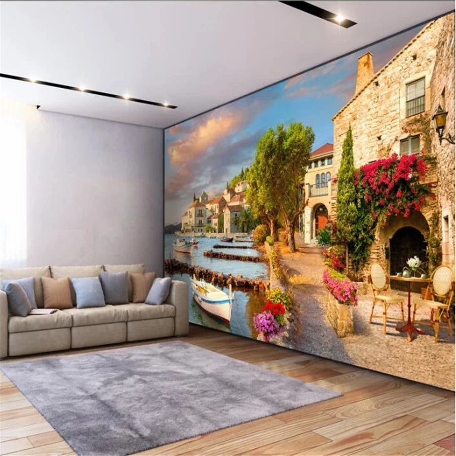 Custom Mural 3d Wall papers Waterfall Scenery Living Room Bedroom Background wall cherry blossom port town landscape paper mural