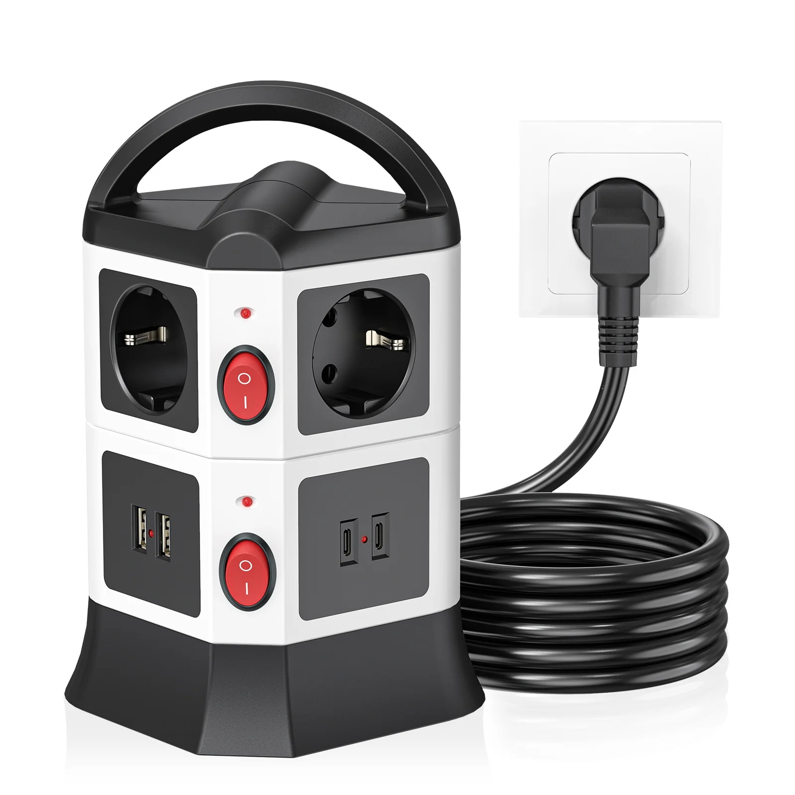 

Вертикальная интеллектуальная розетка 10-в-1, 6AC+4USB (включая Type-C), независимый переключатель, защита от перегрузки 2-метрового удлинителя