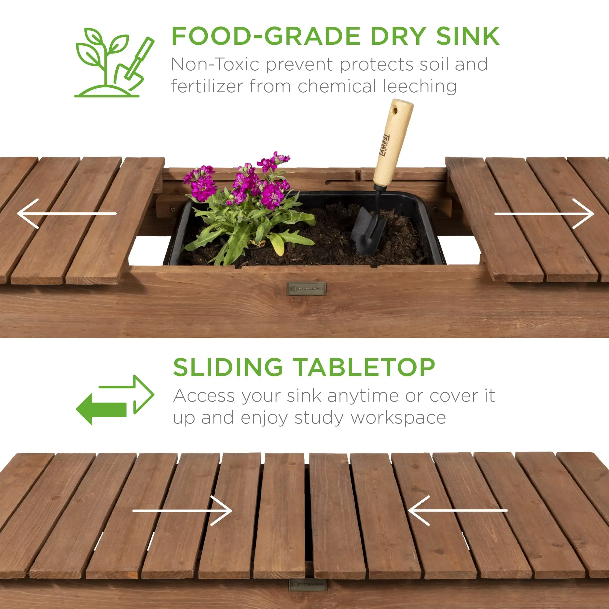 Mobile Garden Potting Bench, Outdoor Wood Workstation Table w/Sliding Tabletop, 4 Locking Wheels, Food Grade Dry Sink