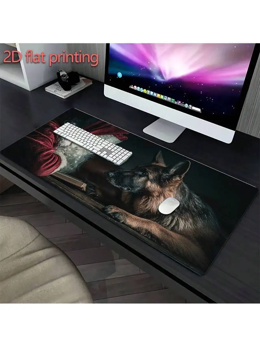 Large Gaming Mouse Pad German Shepherd Santa Design Non-Slip Rubber Base Stitched Edges Soft Surface