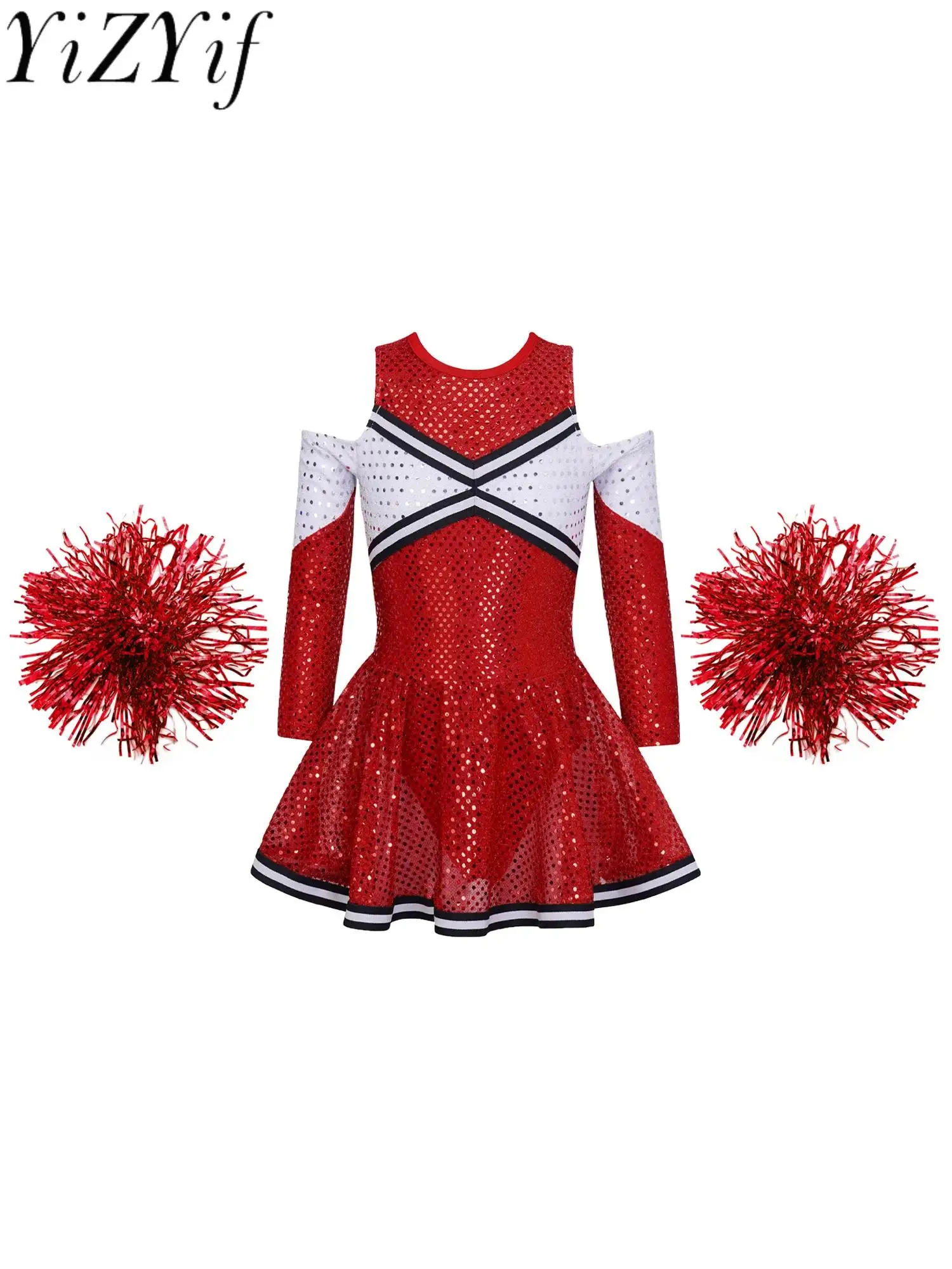 

Kids Girls Sequins Cheer Leader Costume Long Sleeve Latin Jazz Dance Stage Performance Cheerleading Uniforms Dress Outfits