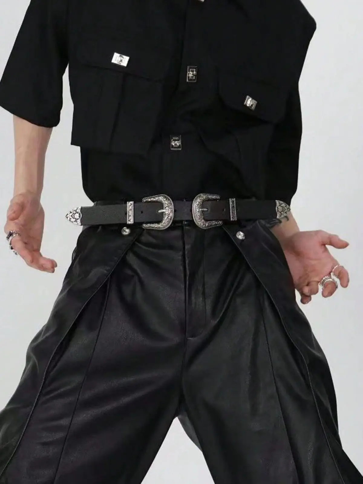 Men's Western Style Buckle Pu Decor Cowboy Pants Fashionable Cool Belt Suitable For Daily And Street Wear