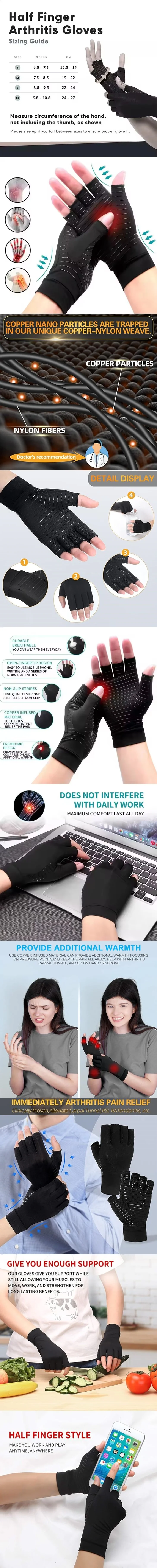 Kupfer-Kompressions-Arthritis-Handschuhe, beste mit Kupfer angereicherte fingerlose Handschuhe, Heilung für Arthritis, Schmerzlinderung, Karpaltunnelschmerzen – Detail 1