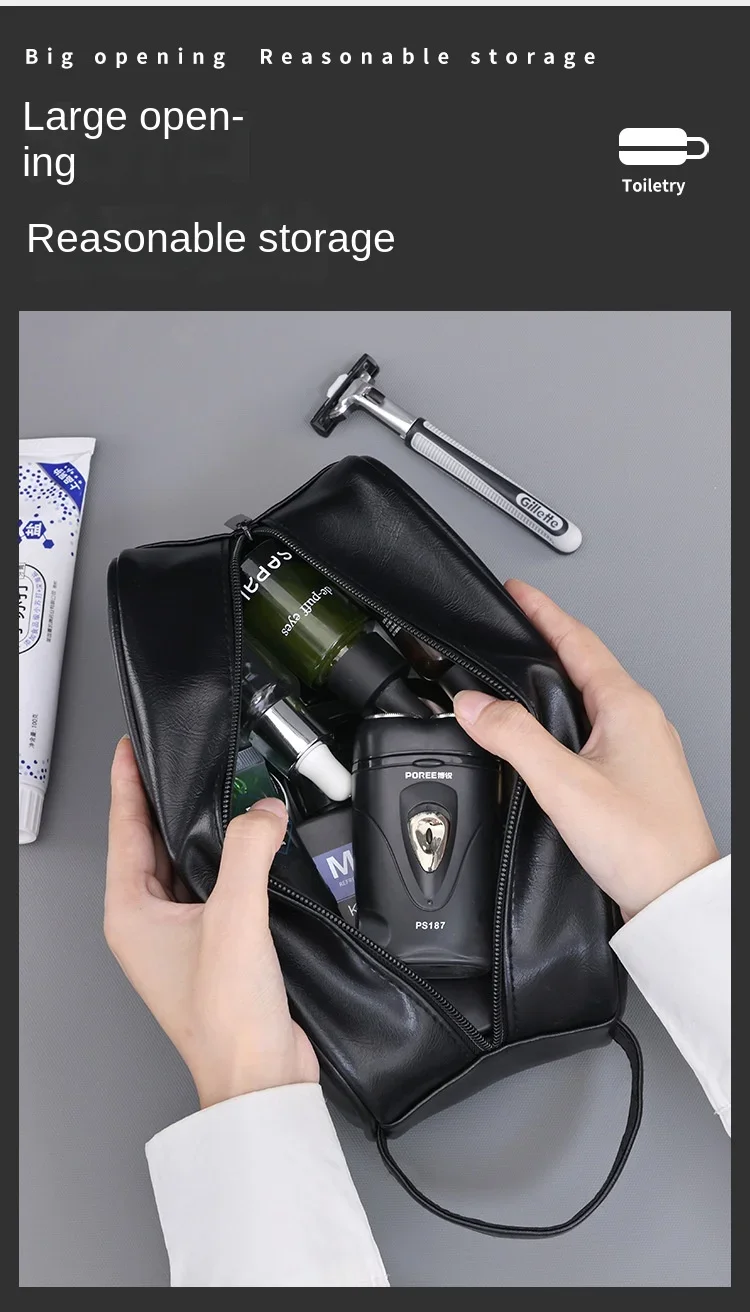 Kulturbeutel aus Leder für Herren, für Reisen, Geschäftsreisen, tragbare Kosmetiktasche, großes Fassungsvermögen, mehrere Taschen, handgehaltener Kulturbeutel aus Leder – Detail 4
