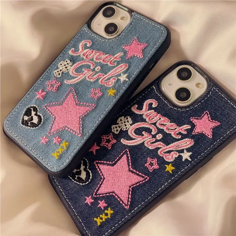 

Vintage Denim Rainbow Heart Case for iPhone 13/12/11 Pro Max - Fashion Shockproof Soft Cover, Korean Style