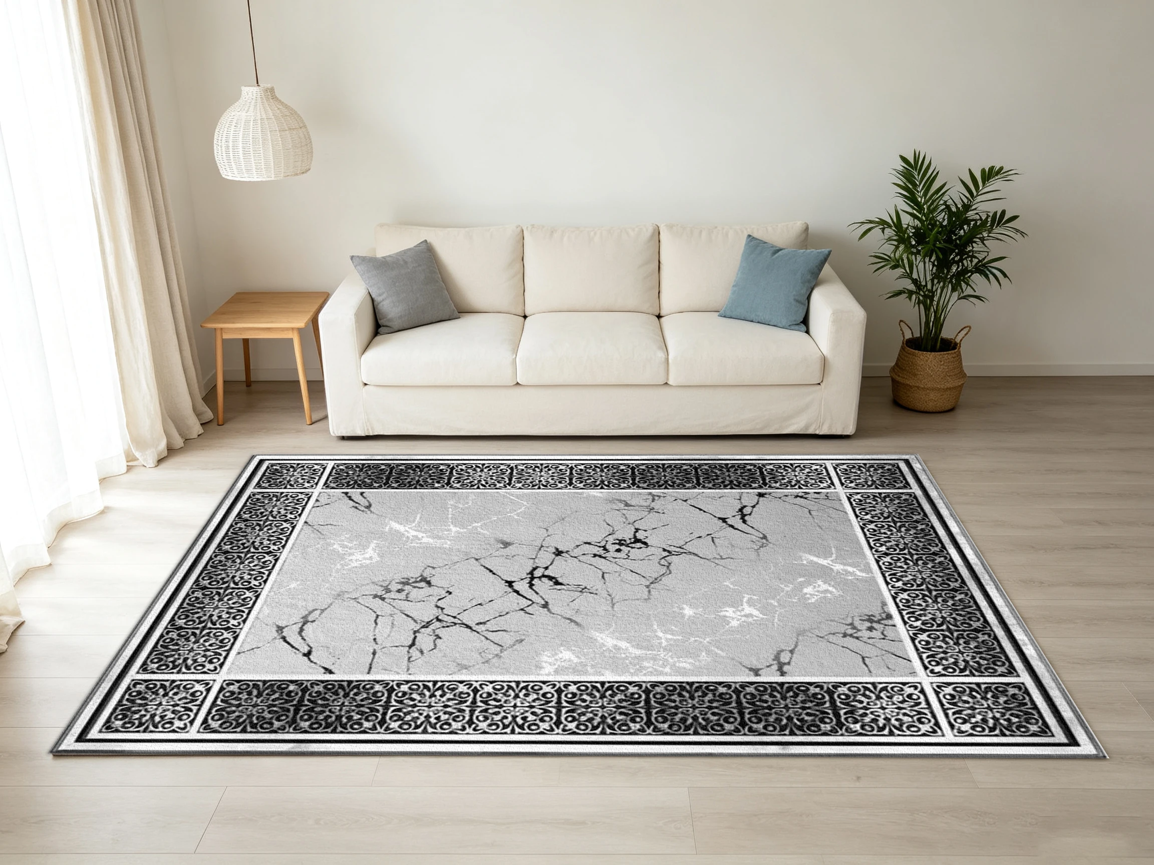 Modern Marble Texture Square Carpet Flooring Silver Crack Vein Ornate Border Rug for Luxury Home Decoration