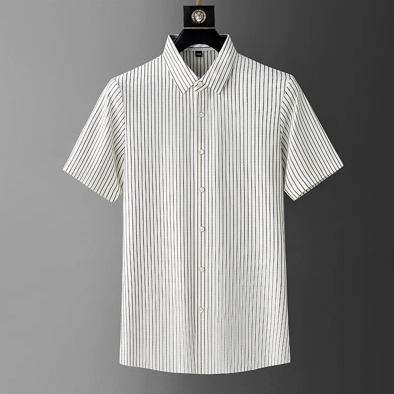 Light luxury high-end casual short sleeve shirt men's summer elastic ice silk breathable top fashionable striped business shirt