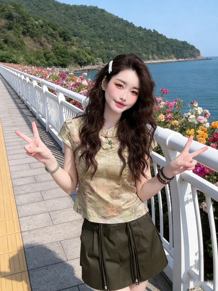 

Summer New Chinese Style Versatile Slim Fit Short Sleeve Shirt Women High Waist Fashionable Skirt Set Beautifully Embroidered