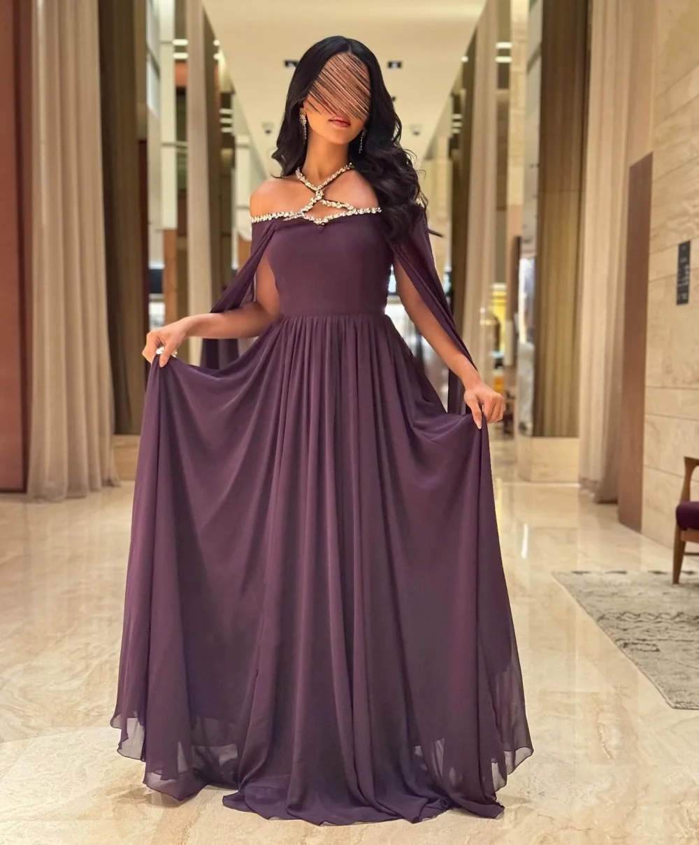 

Customized Chiffon Rhinestone Off-the-shoulder A-line Long Dresses Bespoke Occasion Prom Party Sparkle Evening Gown Charming