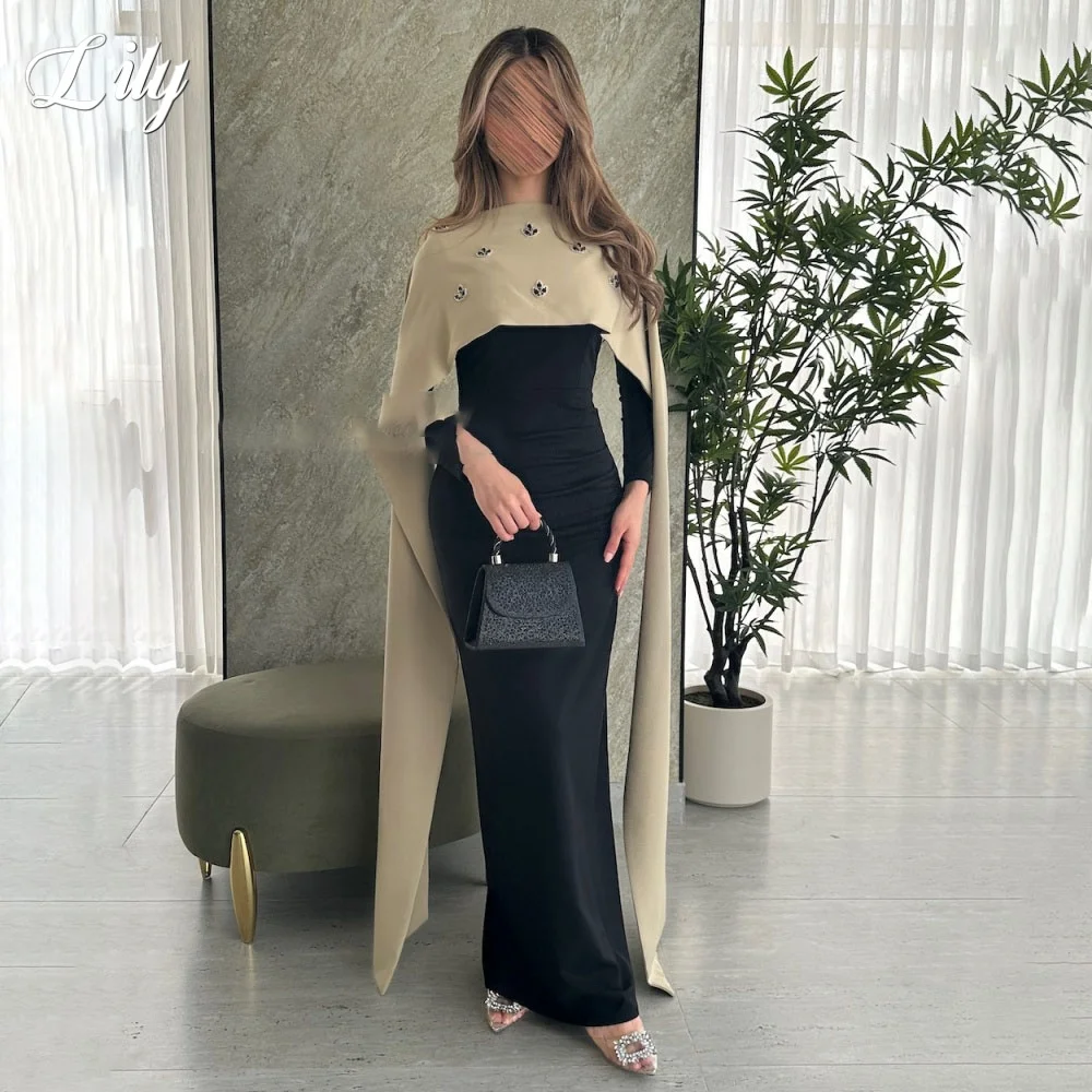 فستان حفلة موسيقية من Lily Black Robe De Soirée برقبة دائرية فستان رسمي مع طيات من الساتان البوق كريستال فستان سهرة مع شال مخصص #1