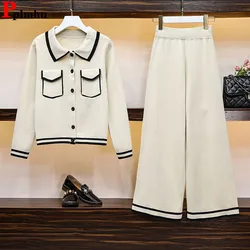 Women Knit 2 Pieces Sets Korean Single Breasted Short Knitwear Cardigan Tops Conjuntos High Waist Ankle Length Pants Tracksuit