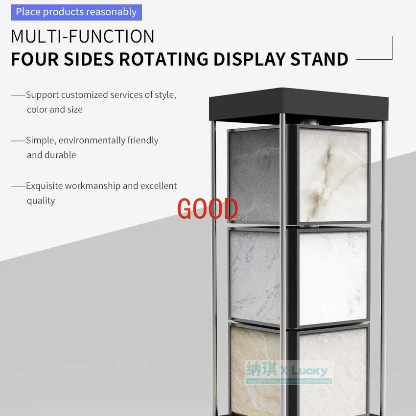 Modern custom 360 degree rotating rock ceramic tile display shelf granite floor type showroom design quartz display rack