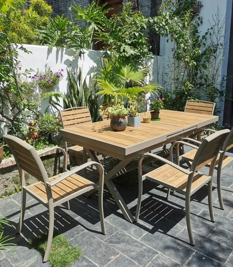 

Plastic wood tables and chairs, courtyard waterproof, sunscreen, anti-corrosion wooden combination coffee shop