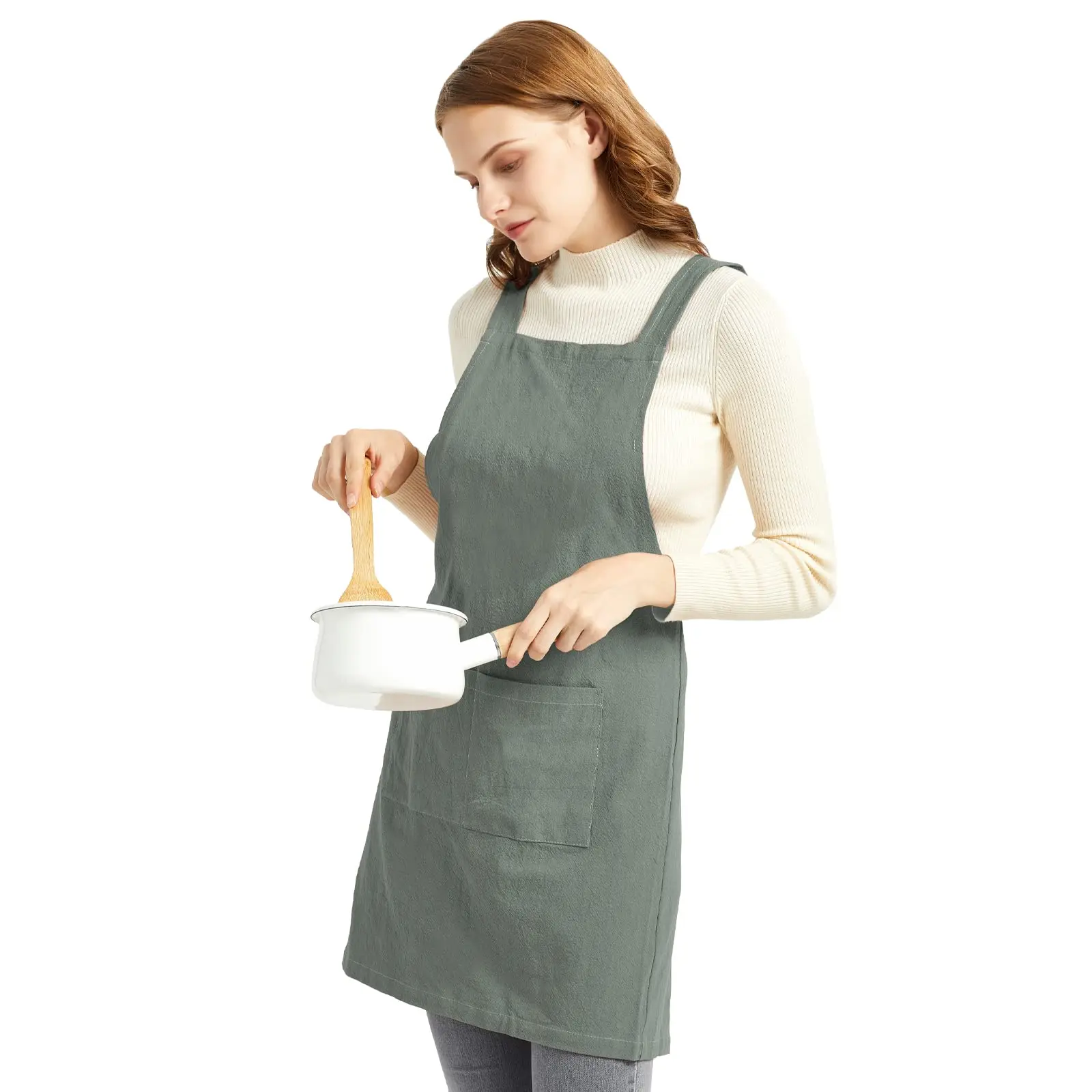 

Kitchen Aprons with Pockets for Women, Plus Size, Comfort Cross Back, Cotton Linen Pinafore