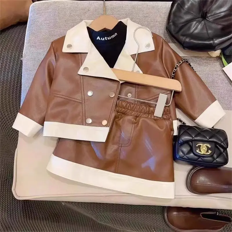 

Girl Outfit Set Spring Autumn Season New Korean Edition Girl Temperament Leather Coat Half Skirt Two Piece Set Girls Fashion Set