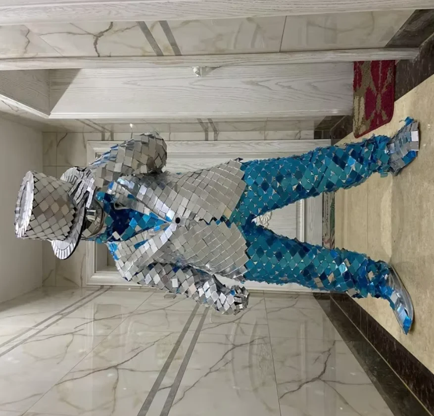 

Fashion silver mirror robot suit Stage show men women robot dance mirror glass outfits bar mask female show dress jacket