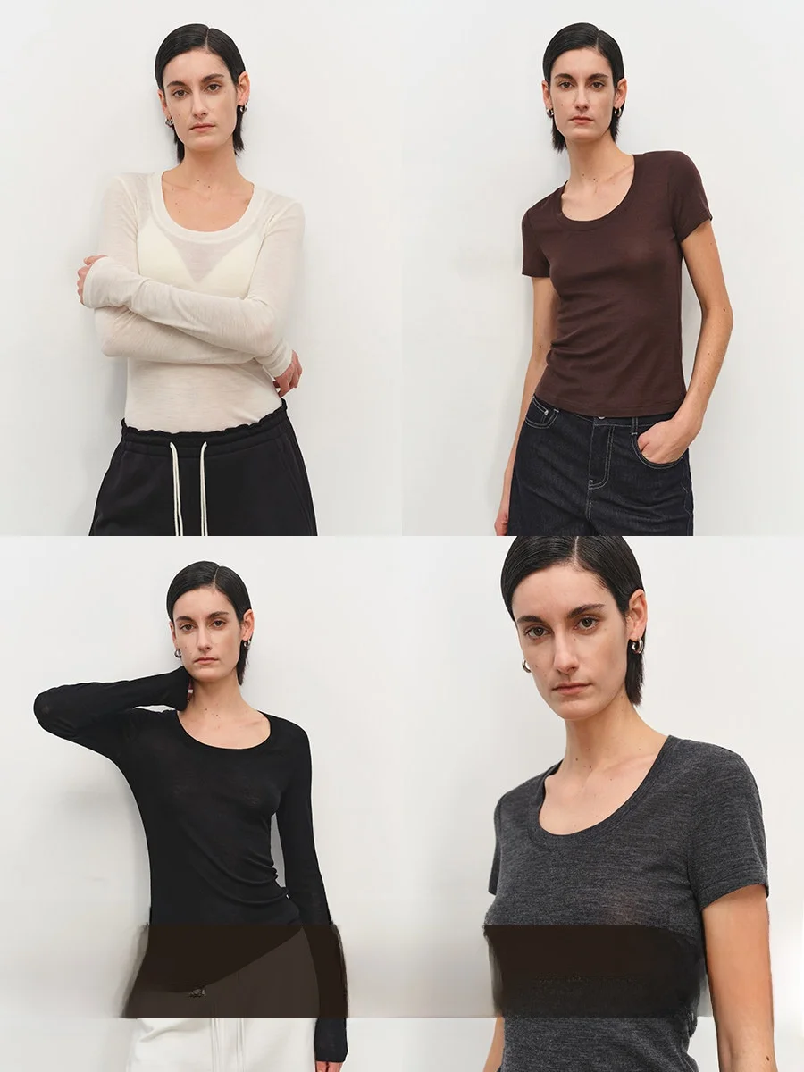 

MSBEAST mat High Elastic Slim Fit "Skinny T" Wool Blend U Ne ort Sve Base T irt Women's Commute Sle Spring ...