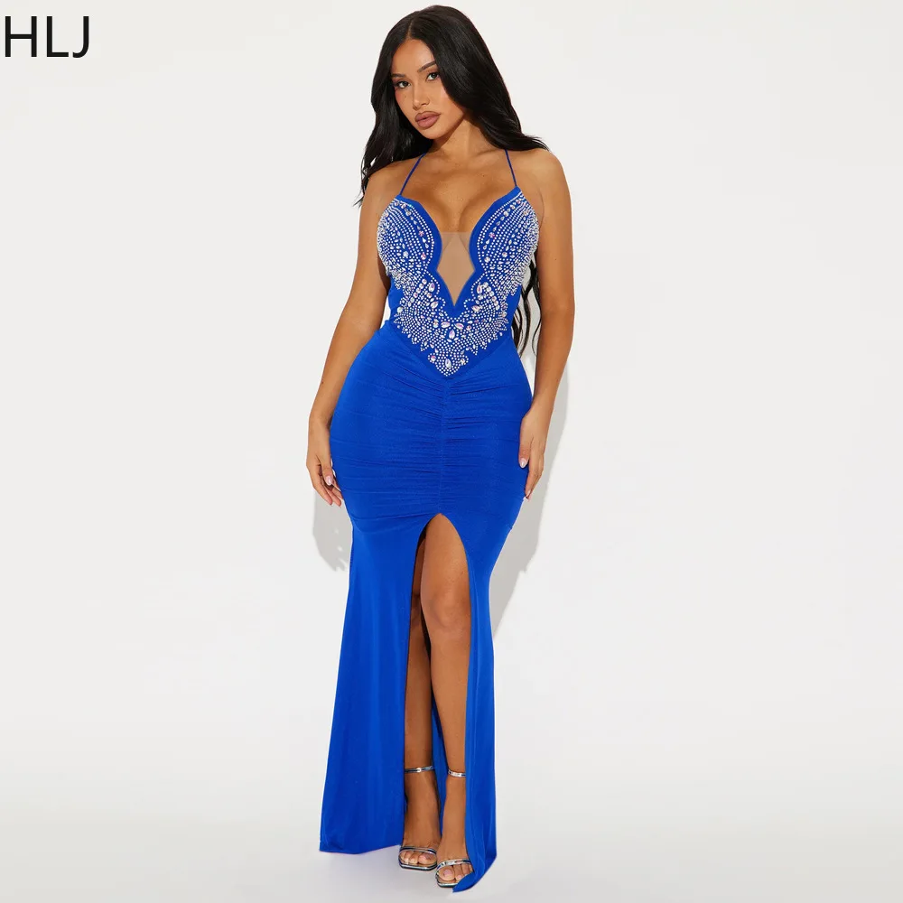 HLJ Sexy Luxury Rhinestones Back Bandage Slit Evening Party Dresses Women Sheer Spaghetti Strap Slim Vestidos Fashion Clothing