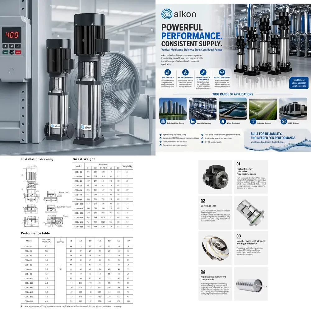

Aikon CDL4-20 Series Vertical Centrifugal Multistage Stainless Steel High Pressure OEM/ODM Customizable Horsepower Flange
