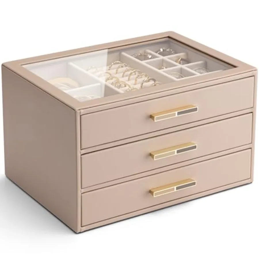 

3-слойная шкатулка для драгоценностей для женщин, органайзер для ювелирных изделий со стеклянной крышкой и 3 ящиками для ожерелий, колец, серег, браслетов - Toffee