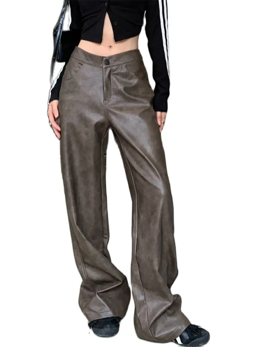 

PLAMTEE 2023 Brown New Pants Women Chic Faux PU Straight Office Lady Autumn 2023 Wide Leg High Waist Slim Streetwear Vintage