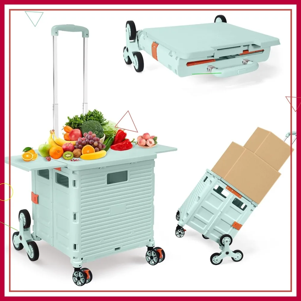 

Foldable Utility Cart with Stair Climbing Wheels, Collapsible Rolling Crate, Telescoping Handle for Shopping Moving Grocery