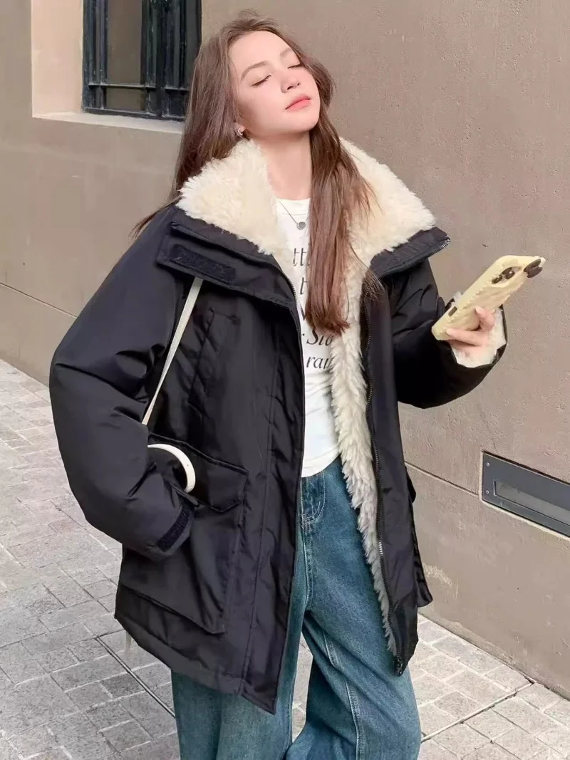 Lamb Fur Inner Lining Down Cotton Jacket For Women's Winter New Style Warmth Thick Coat Windbreaker Outerwear W1183