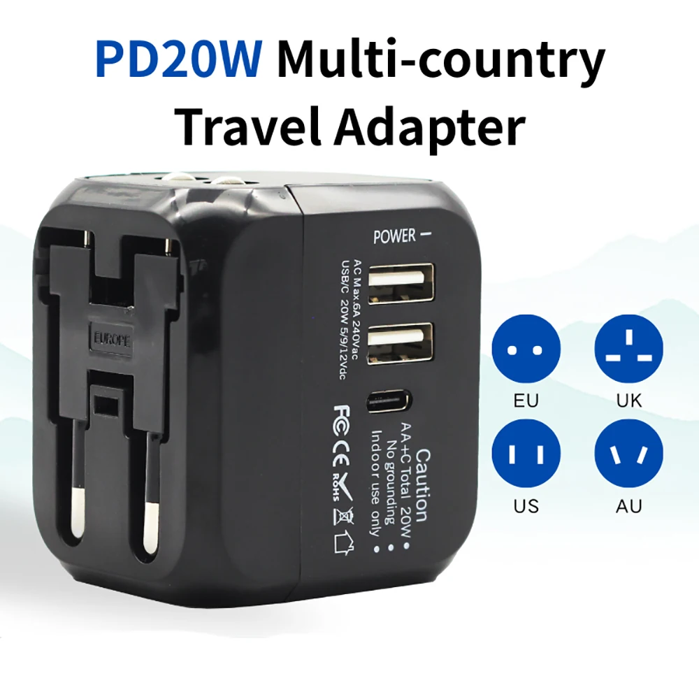 All-in-One Wall Universal Travel Adapter with 2USB And 1Type C Plug for International Travel US EU UK AU Outlet Converter Socket