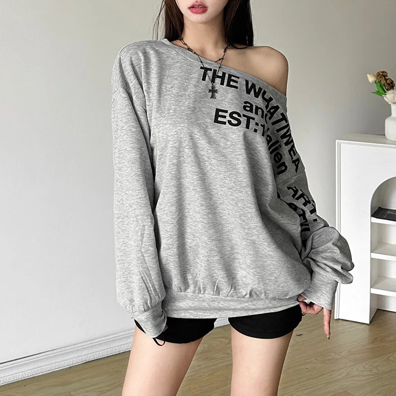 Women Retro Cotton Irregular Off Shoulder Sweatshirt Letter Print High Street Medium Length Top American Style Oversized Hoodie