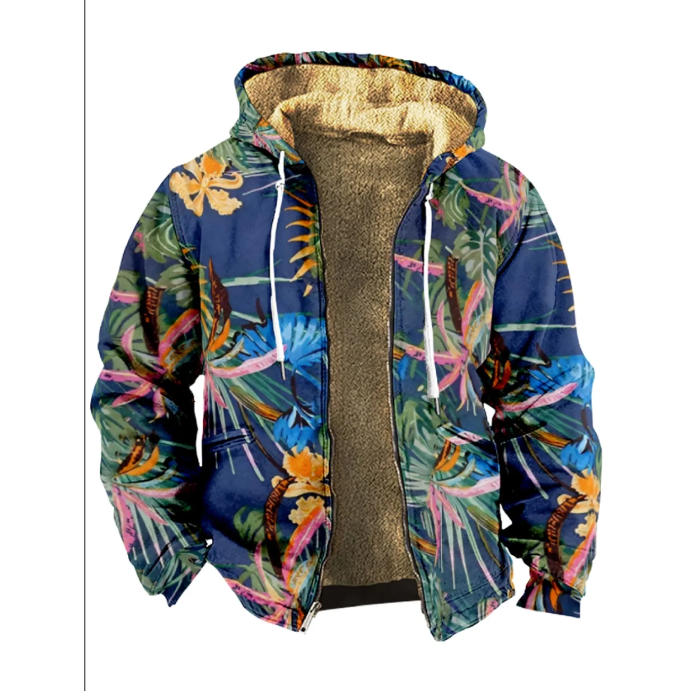 Men's and women's thick wool jackets, winter and autumn tropical printed  street double-layer zipper hooded, keep warm outdoors