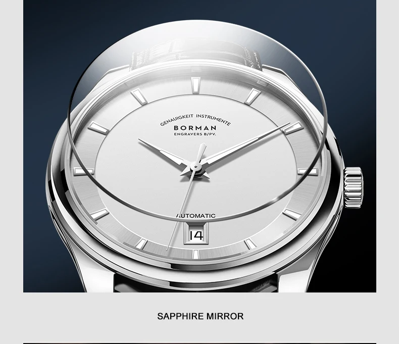 BORMAN Relógio Automático Masculino 39mm Relógio de Pulso Mecânico Ultrafino 5Bar À Prova D 'Água Safira Luminosa
