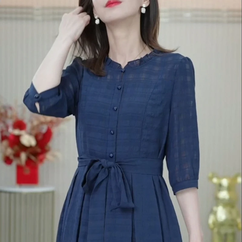 Fashion Ruffled Neck Spliced Folds Plaid Bandage Casual Dress Women's Clothing 2024 Summer New Loose Commuter Midi Dresses