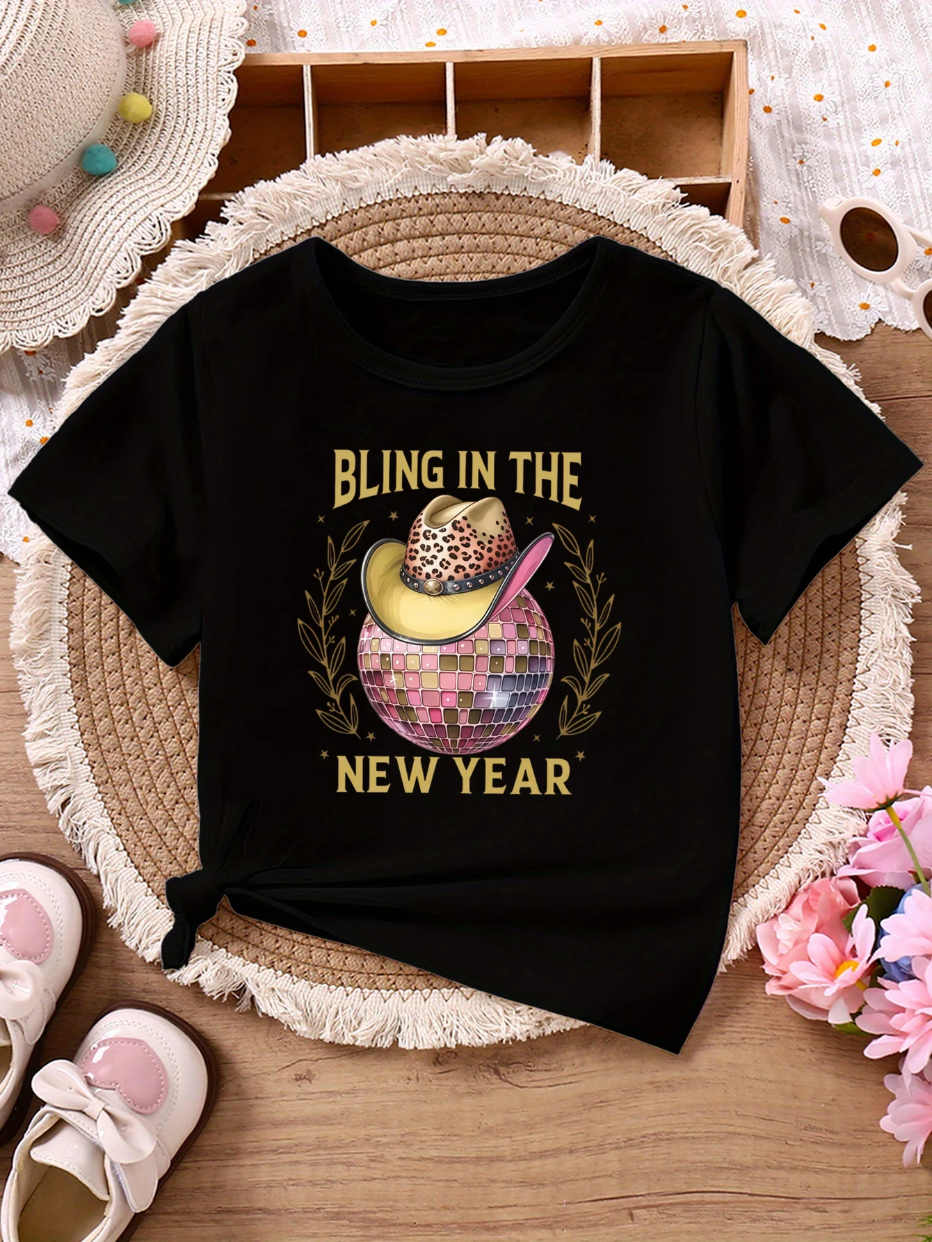 Bling In The New Year Western Cowboy Printed T Shirt Girls New Year Gifts T-Shirt Funny Kids Clothes Black/Blue/Purple T-Shirt