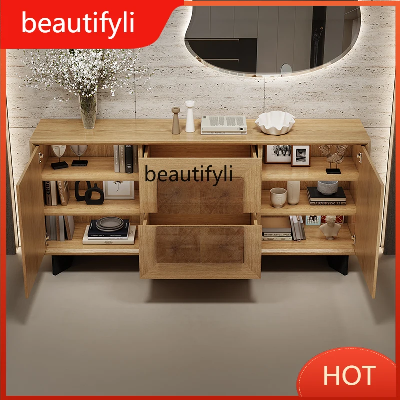 D80 entrance cabinet Solid wood annual ring dining side cabinet, living room wabi-sabi decorative cabinet with bucket