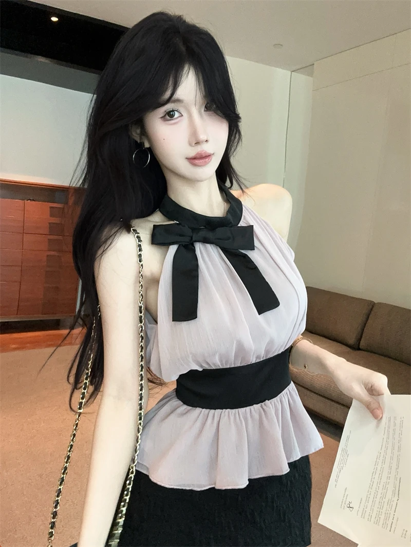 

Korean Style Wind Knot Neck Hanging Sleeveless Color Block Design Sensation Women's Shirts Top Skirt Set Summer Outfit