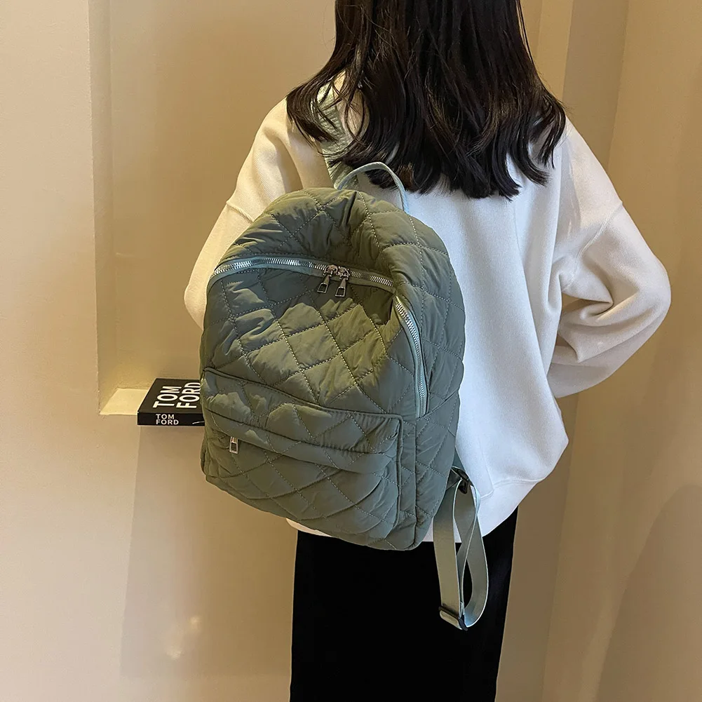 Women Teenagers Daypack Large Capacity Diamond Lattice Backpacks Solid Color Quilted Daypack Soft for Travel Working Vacation