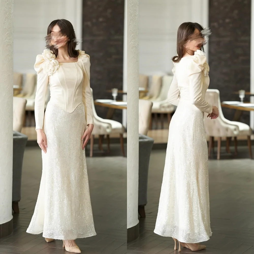 Jersey Flower Draped Pleat Engagement A-line Square Collar Bespoke Occasion Gown Midi Dresses