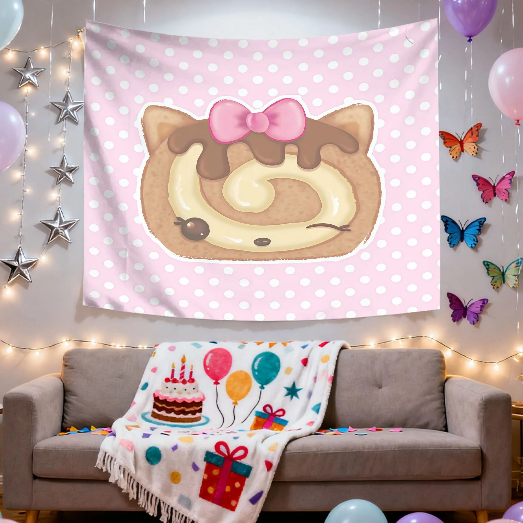 1pc Cute Cat Ear Swiss Roll Cake Tapestry Pink Polka Dot Wall Hanging Aesthetic Room Decor Pink Room Decor Girls Dorm Bedroom