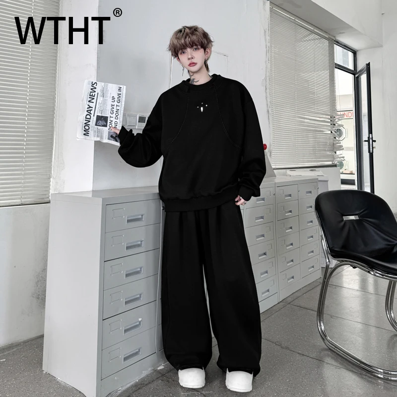 

WTHT модный мужской костюм, однотонные футболки с металлическим дизайном, комплект широких брюк в американском стиле, мужской комплект 2023, осень 2A1713
