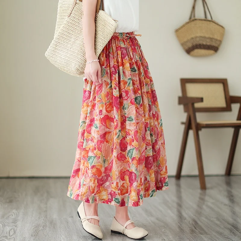 กระโปรงผ้าลินินพิมพ์ลายระบบป่าแบบเรโทรสำหรับผู้หญิง กระโปรงทรงเอเข้ารูปเอวสม็อคยืดหยุ่น ช่วยให้ดูผอมเพรียว เหมาะสำหรับฤดูร้อน ช่วยลดเลือนริ้วรอย