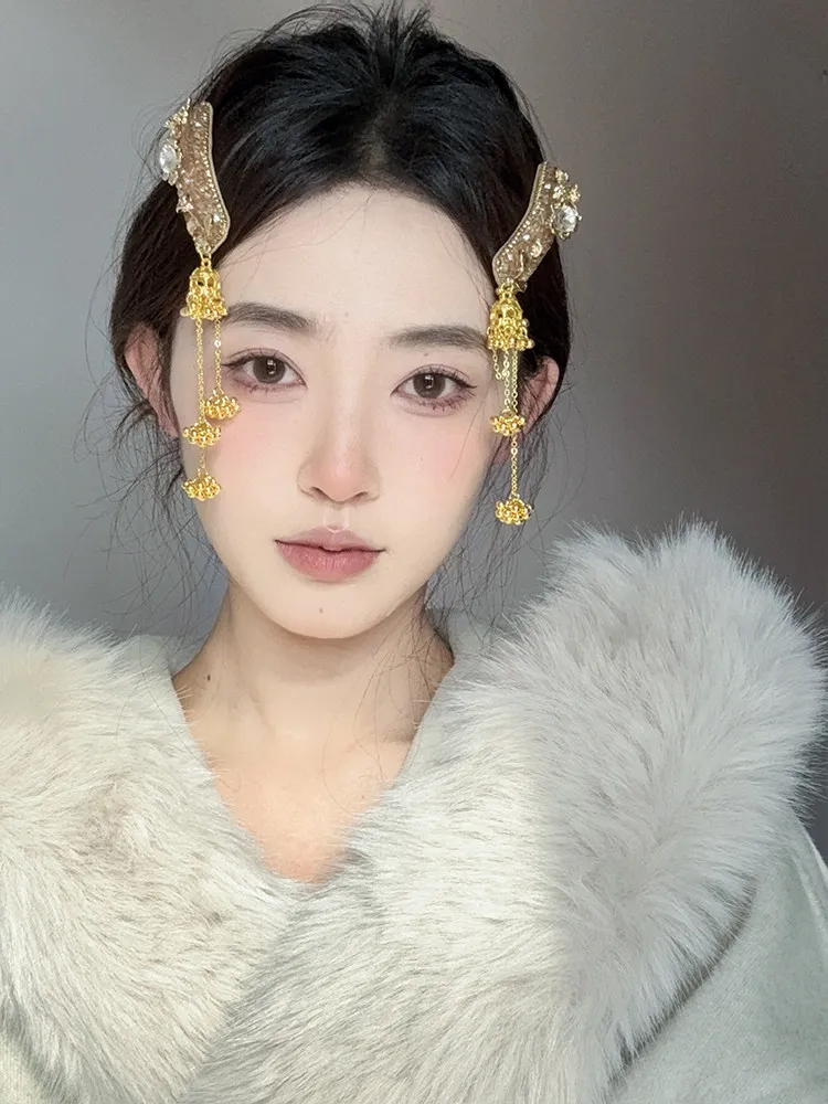 Luxury Chinese Traditional Hanfu Style Vintage Palace Gold Rhinestone Beaded Tassel Hair Clips Elegant Side Bangs Clips Single