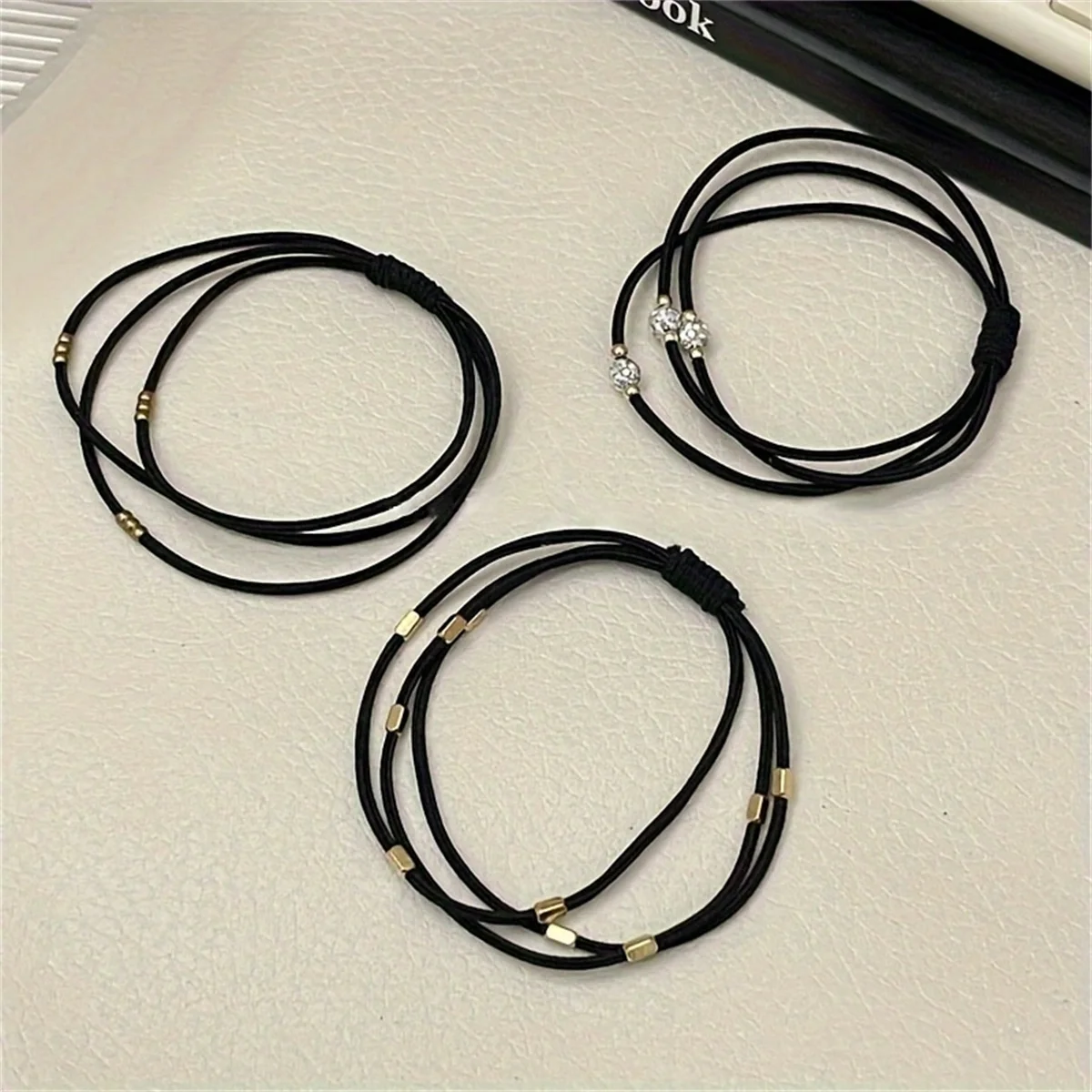 3pcs/set Hair Ties Crystal Alloy Bead Basic Black Color Elastic Hair Band Ponytail Holder Rubber Bands Women Hair Accessories