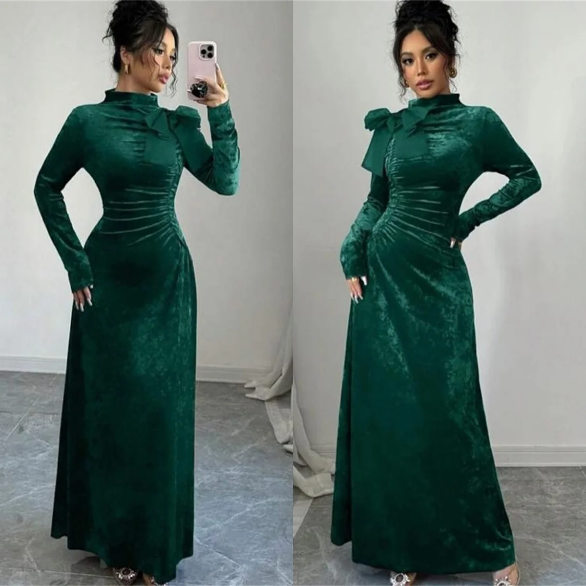 Vestido De noche De terciopelo verde Simple personalizado, elegante Vestido De fiesta De manga larga con cuello alto, Vestido De fiesta De lujo