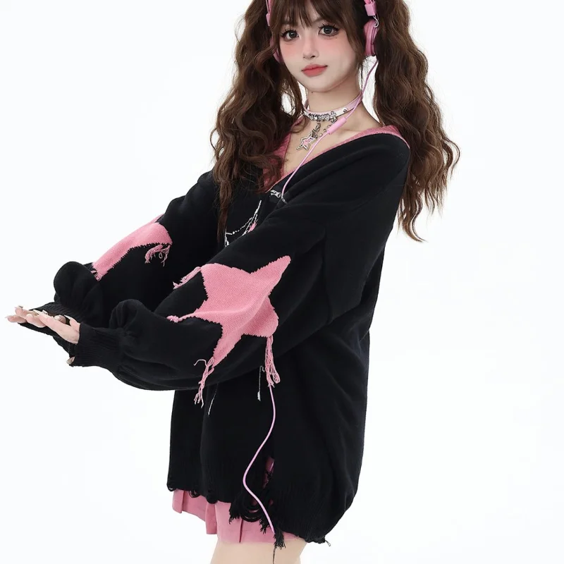 Deeptown Y2k sweter wanita Gotik Harajuku mode Jepang leher V pullover rajut lubang kebesaran warna kontras musim gugur