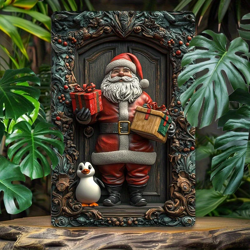

Santa Claus with Gift Box Vintage Aluminum Wall Art, Durable, Metal Sign for Home & Outdoor Decor, Decorative Wall Poster