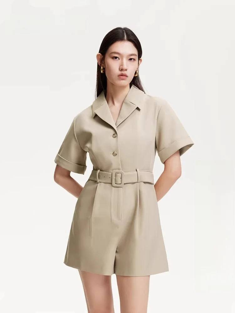 

Women's Casual One-Piece Spring 2025 Belted Design Fake Pocket Wide Leg Pants Versatile Comfortable Short Sleeve