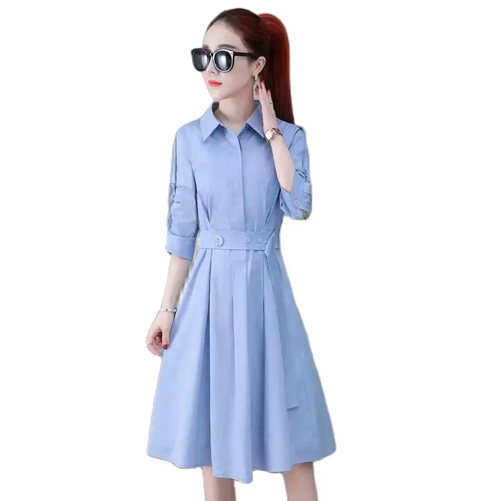 

Ladies Dress 2022 Spring Summer New Women Grid Dresses Long Sleeve Shirt-neck Vestidos Lady A-line Shirt Dress Belt Pink Blue