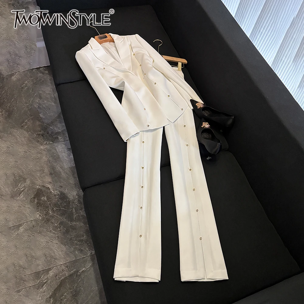 

TWOTWINSTYLE Slimming Solid Two Piece Sets For Women Lapel Long Sleeve Top High Waist Pants Chic Set Female Fashion KSE536819