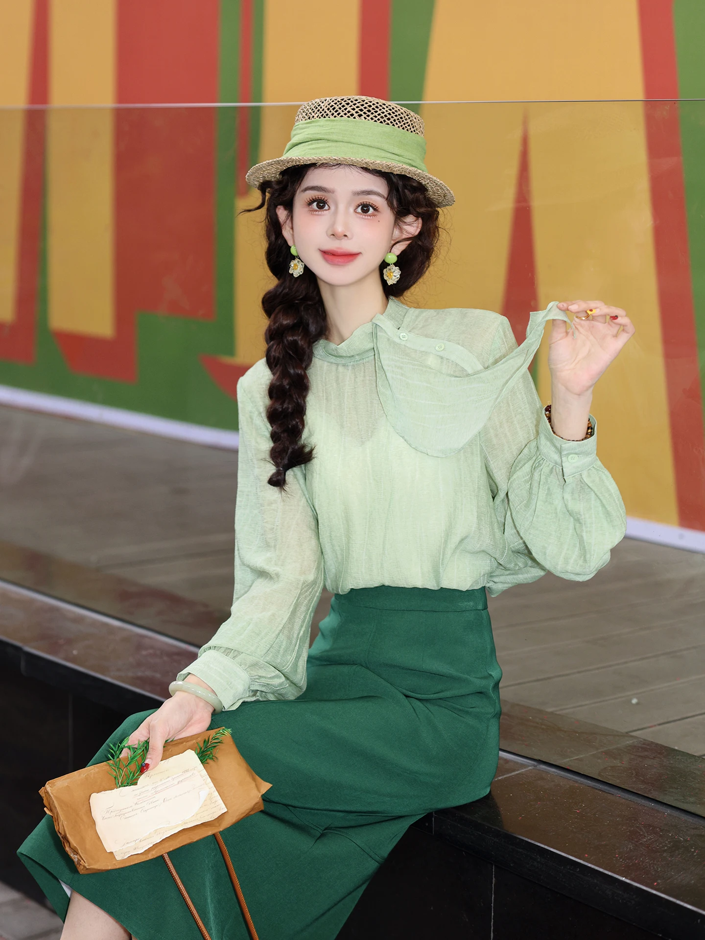 

Chen Jiajie Berry Branch irt Spring Faion Women's Luxury Tie irt Vintage Sle Loose Fit Long Sve Collar Knot