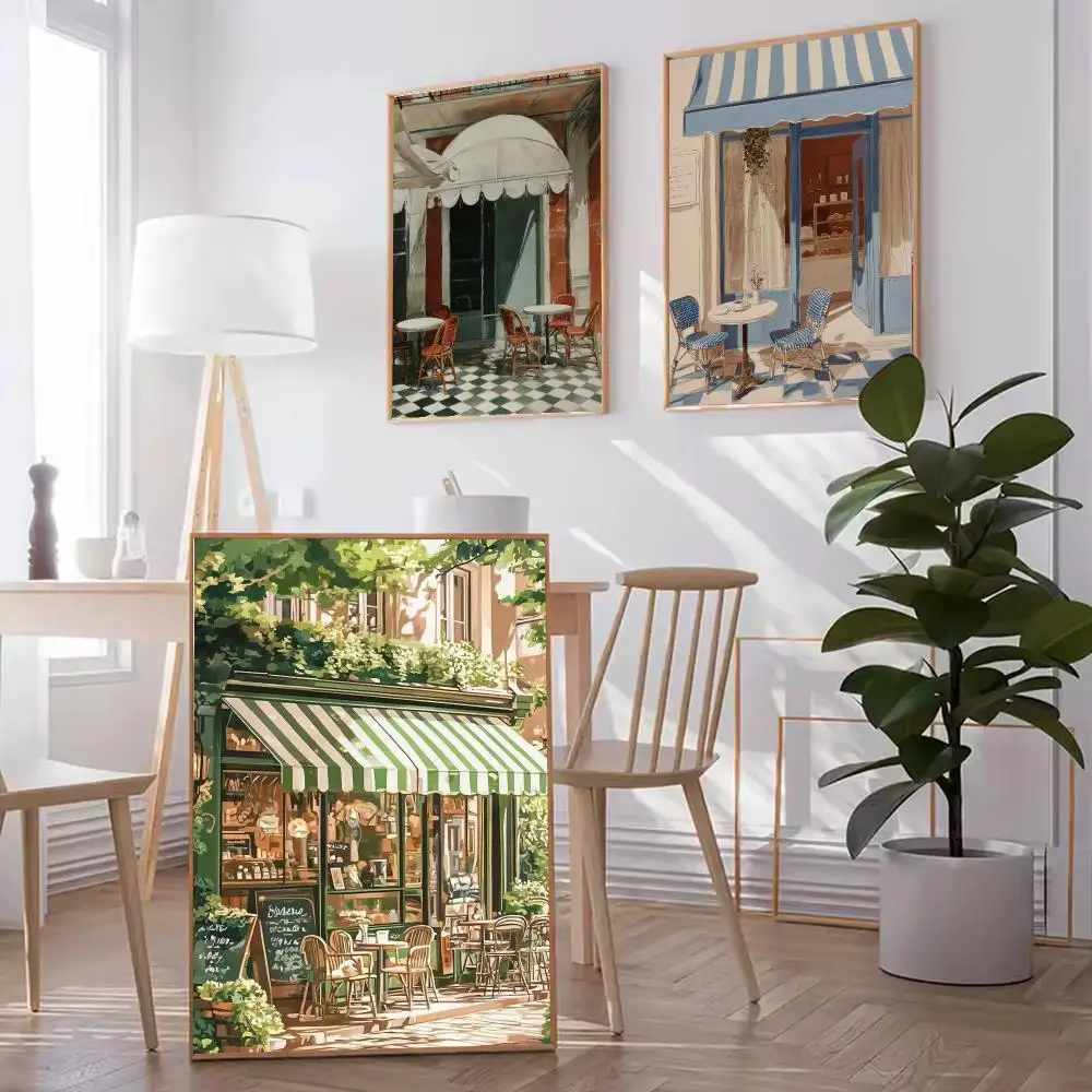 Blue White Striped Awning Cafe HD Wall Art Poster Vintage European Street Scene Trendy Dining Room Coffee Home Decor Gift